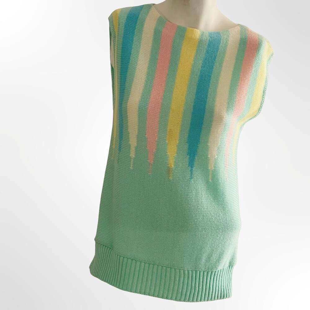 Vintage 80s Kenneth Too Pastel Vertical Striped Knit Tank Top Sleeveless Sweater